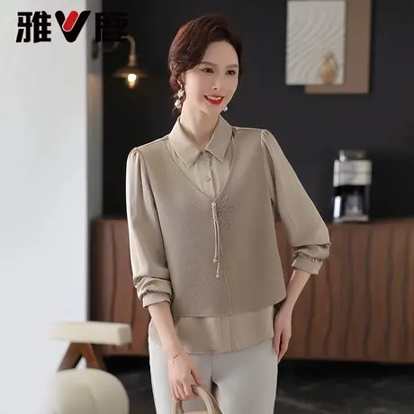 雅鹿中老年衬衫假两件女装2025夏新款减龄妈妈装纯色拼接休闲衬衫商品大图