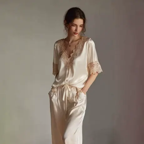 芬腾冰丝睡衣女夏季性感短袖长裤休闲薄款凉感蕾丝边家居服套装图片