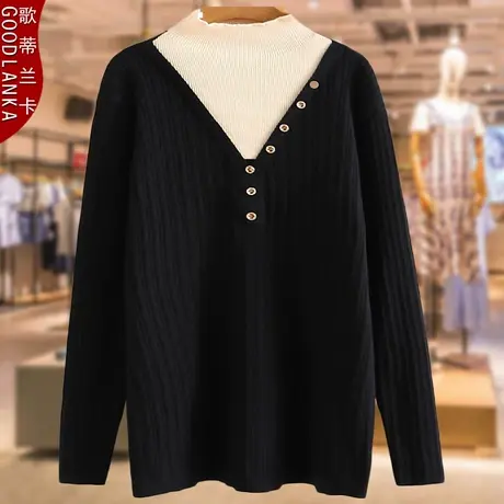 40-50岁妈妈装春秋装半高领毛衣加肥加大码女装假两件针织打底衫商品大图