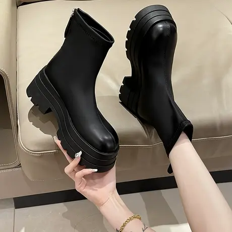 厚底增高弹力靴女2023秋季新款瘦瘦靴拉链百搭松糕圆头显瘦短靴女商品大图
