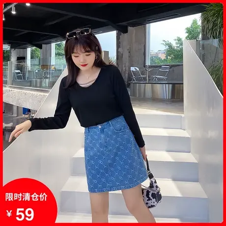 2023年秋季新款法式链条长袖上衣女针织衫显瘦大码胖MM黑色打底衫图片