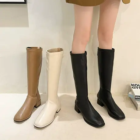 白色长筒靴女2023新款秋冬高筒骑士靴粗跟瘦瘦小个子不过膝长靴子商品大图
