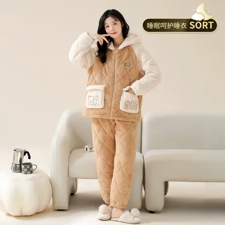 猫人睡衣女2023年新款秋冬季三层夹棉加厚珊瑚绒可外穿连帽家居服商品大图