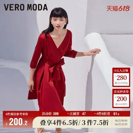 Vero Moda奥莱连衣裙子秋冬清仓气质优雅V领收腰轻熟风七分袖流行图片