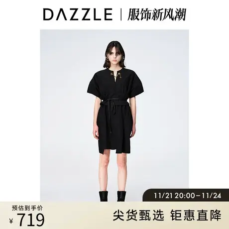 DAZZLE地素 奥莱黑色气质显瘦腰封设计高级感短袖连衣裙女图片