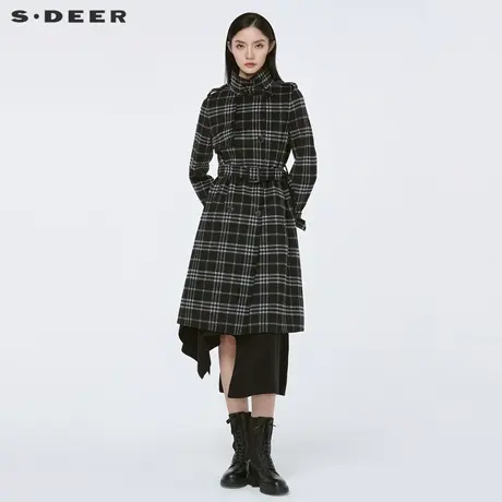 sdeer圣迪奥冬季新品时尚立领撞色格纹收腰长款毛呢大衣S21461821图片