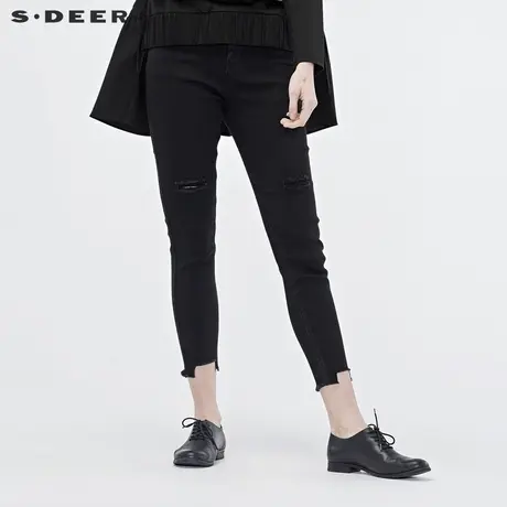 sdeer圣迪奥春季女装破洞毛边流苏小脚紧身黑色牛仔裤S19180826图片