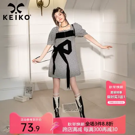 KEIKO 格子控！黑白格纹连衣裙夏甜妹设计感蝴蝶结显瘦泡泡袖裙子图片