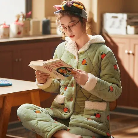 三层夹棉加厚睡衣女珊瑚绒秋冬季大码法兰绒家居服套装冬2023新款商品大图