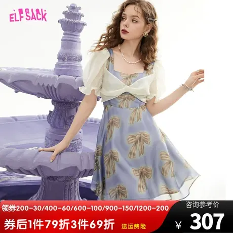 妖精的口袋欧根纱泡泡袖连衣裙女2023夏新款方领设计感度假风裙子图片