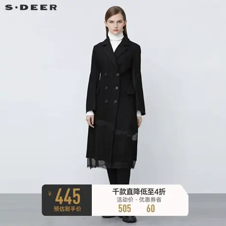 sdeer圣迪奥冬装西装领双排扣网纱拼接毛呢大衣S21481852图片