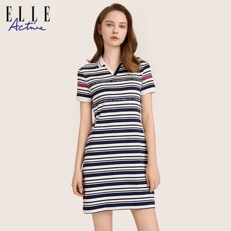 【花花推荐】ELLE Active航海系连衣裙法式显瘦条纹v领短袖裙子图片