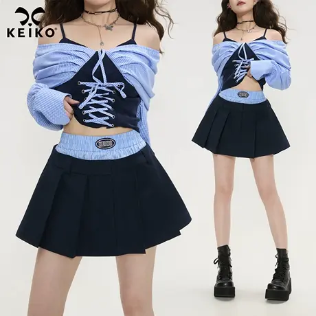 KEIKO 韩系绣标百褶半身裙2025秋季jk学院风拼色高腰A字制服短裙图片