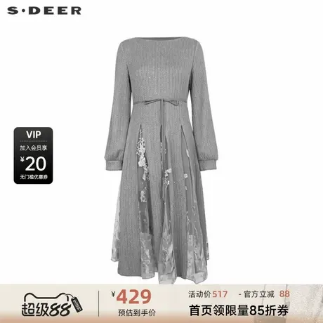 sdeer圣迪奥女装圆领收腰网纱不规则针织连衣裙S234Z12F3图片