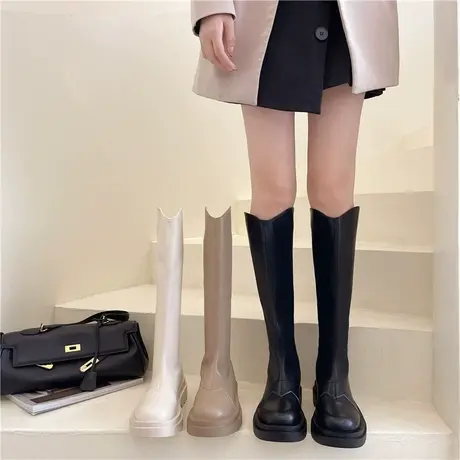 V口长筒靴女粗腿2023秋冬新款胖mm大筒围加宽马丁靴高筒骑士靴图片