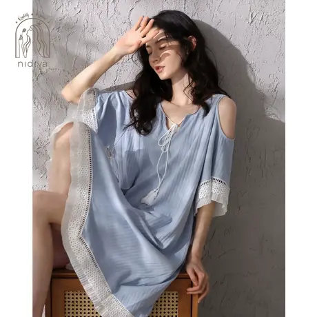 妮狄娅睡衣睡裙女夏季纯棉短袖条纹蕾丝边露肩性感私房气质家居服图片