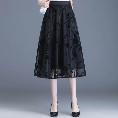 黑色印花网纱裙a字裙女2023春季新款半身裙中长显瘦垂感百褶伞裙图片