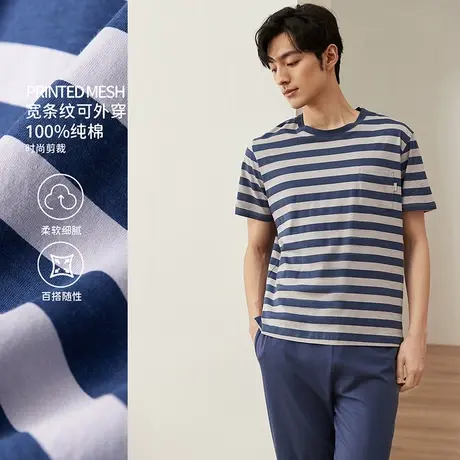 顶瓜瓜睡衣男款夏季纯棉薄款条纹短袖长裤可外穿家居服套装夏款图片