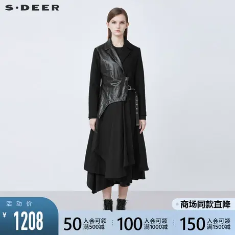 sdeer圣迪奥2021秋冬新品西装领PU拼接收腰长款毛呢大衣S21481809图片