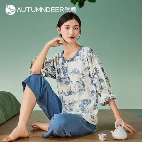 秋鹿【直播专享】睡衣女夏款新中式山水画丝滑棉七分袖长裤家居服图片