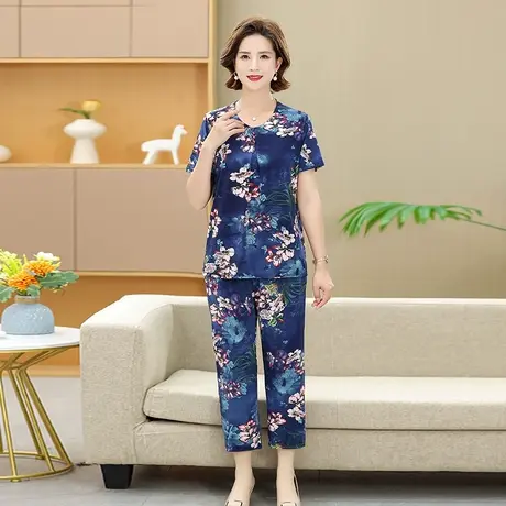 中老年冰丝女装奶奶夏装肥妈胖妈妈大码短袖t恤80岁老人套装薄款商品大图