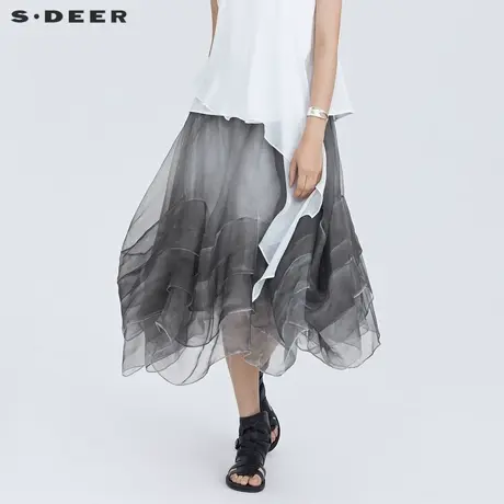 sdeer圣迪奥女装夏装网纱拼接不规则蓬松长裙S21281127图片