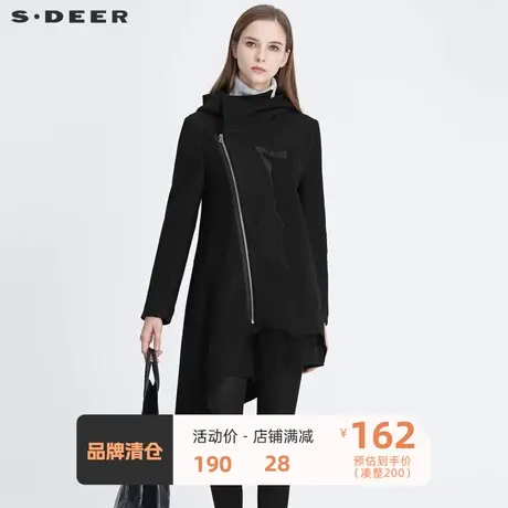 sdeer圣迪奥女装高领连帽斜襟做旧磨破毛呢大衣女外套S20481703商品大图