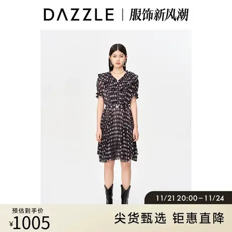 DAZZLE地素奥莱 春季雪纺荷叶领贝壳印花短袖收腰连衣裙女图片