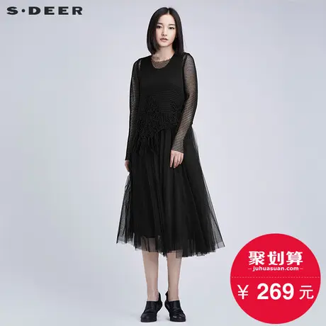 sdeer圣迪奥女装秋装现代科技感网格绣花两件套连衣裙S16381232图片