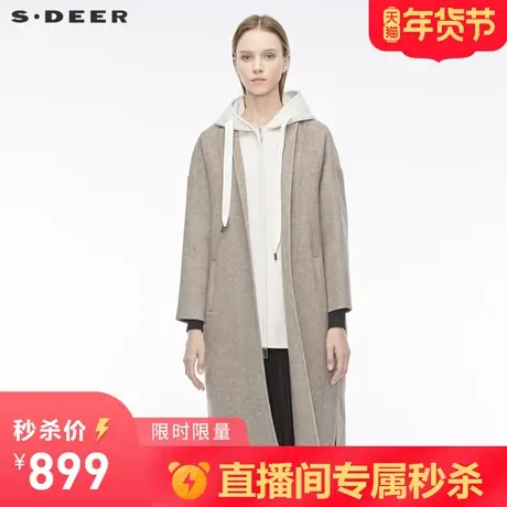 【秒杀】sdeer圣迪奥英伦风斜纹抽绳连帽开衩假两件大衣S19481866图片