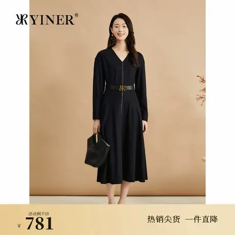 YINER音儿秋季绵羊毛半精纺V领小黑裙法式气质收腰连衣裙图片