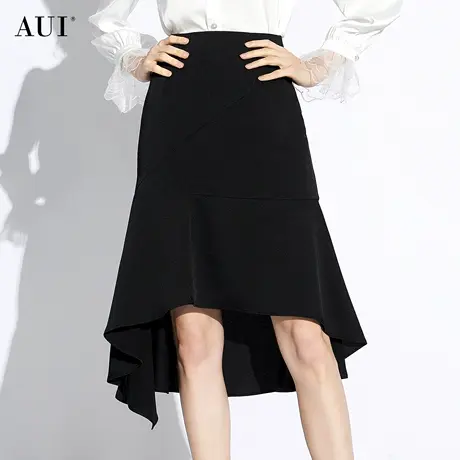 AUI黑色设计感鱼尾半身裙女2024春秋新款御姐气质高级小众中长裙图片