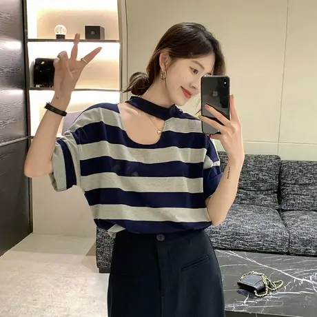 大码女装条纹短袖t恤女夏季新款胖mm设计感小众显瘦遮肉200斤上衣商品大图