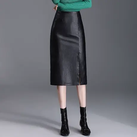 黑色皮裙包臀裙女2023秋季新款高腰修身半身裙中长通勤开叉一步裙图片