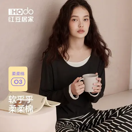 红豆居家优可丝磨毛睡衣女长袖带胸垫春秋季外穿家居服套装商品大图