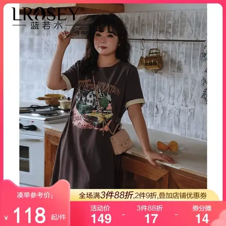 蓝若水大码宽松休闲胖MM夏季新款设计感印花遮肚子显瘦直筒连衣裙商品大图