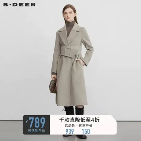 sdeer圣迪奥冬装女西装领收腰长款毛呢大衣S224Z2526图片