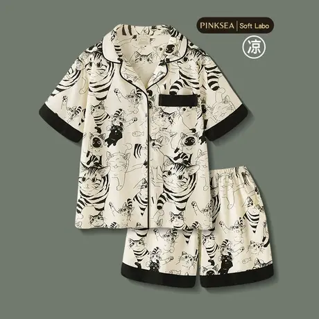睡衣女款2025新款夏季可爱萌猫短袖凉感纯棉家居服可外穿大码套装图片