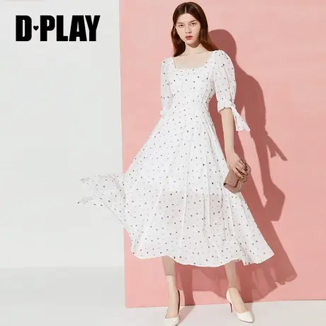 Dplay德帕拉夏季新款白色爱心印花复古方领法式泡泡袖长款连衣裙图片