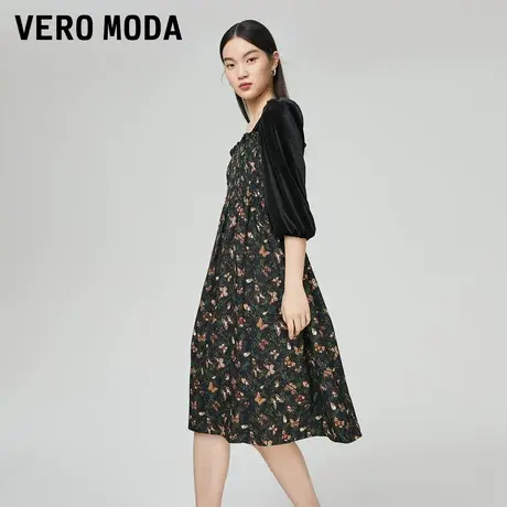 Vero Moda奥莱连衣裙夏季清仓复古风方领丝绒泡泡袖修身碎花裙子图片