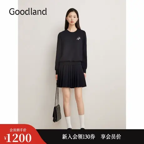 Goodland美地女装2024冬季新款减龄小黑裙假两件百褶A字连衣裙图片