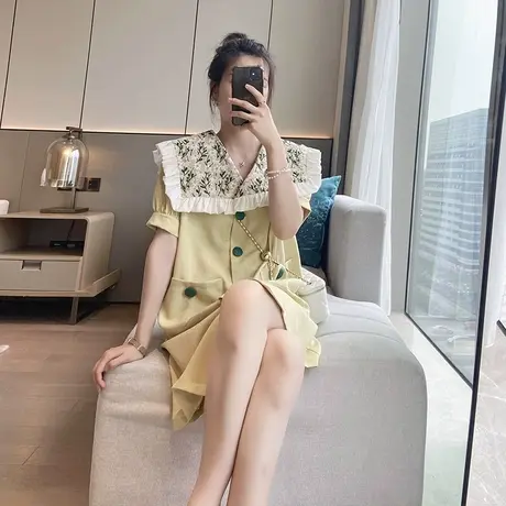 重工连衣裙刺绣大码女显瘦胖mm炸街海军领减龄夏2025设计感遮肚子图片