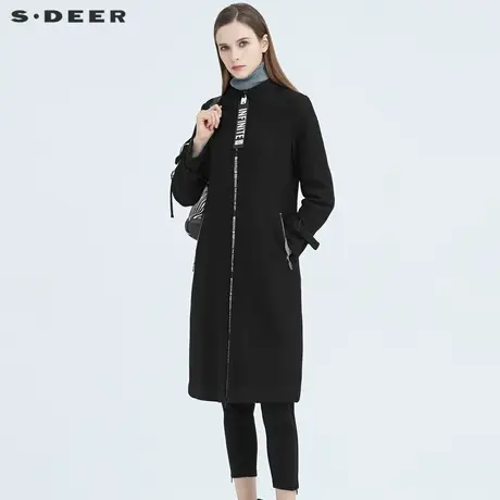 sdeer圣迪奥冬季女装休闲立领织带黑色修身长款毛呢大衣S20481809图片