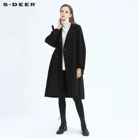 【秒杀】sdeer圣迪奥女装休闲西装领收腰系带毛呢大衣S20481868图片