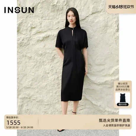 INSUN恩裳专选2025夏季新中式飘带收腰黑色连衣裙图片