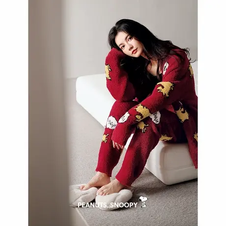 贝妍新婚睡衣冬季女款史努比珊瑚绒家居服保暖半边绒开衫结婚套装图片