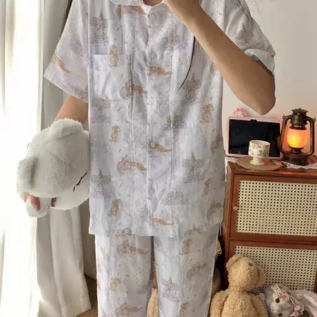 新品！a类春秋纯棉双层纱布紫调小象狗狗可爱甜美睡衣短袖长裤图片