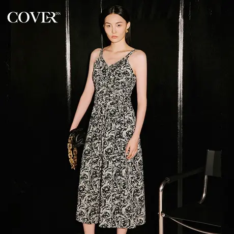 COVER秋季褶皱肩带可调节印花连衣裙图片