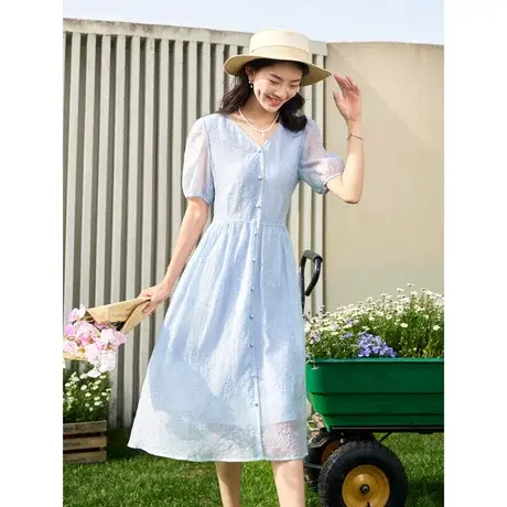 时尚气质短袖连衣裙2023年夏季新款淑女温柔V领显瘦中长款裙子图片