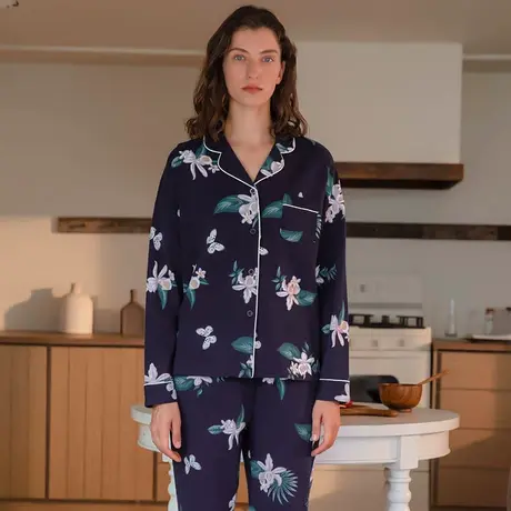 秋鹿【舒肤棉】睡衣女秋季长袖简约碎花气质纯棉开衫家居服大码图片